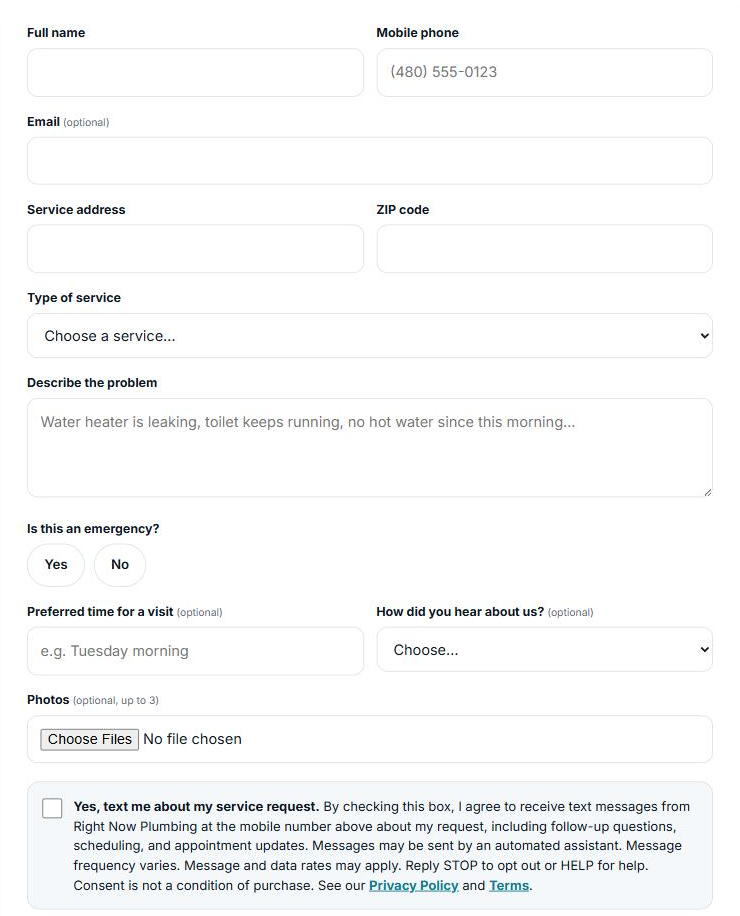 Request an Estimate form showing the unchecked optional texting consent box with the full consent wording